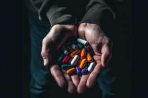 top view close-up hand holding variety of medicine