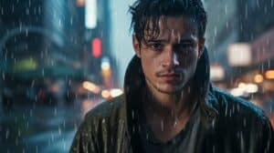 A sad young adult man standing in the rain in the middle of a big city