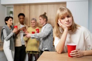 woman sitting alone at family and friends party