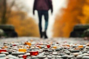 Symbolic journey of overcoming painkiller addiction with scattered pills on the ground and a person walking towards freedom in autumn